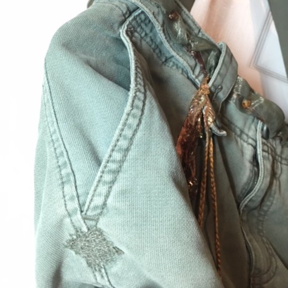 American Eagle Jean Fabric Olive Green Beads Lace Flowers Shoulder Bag Tote - Picture 5 of 16